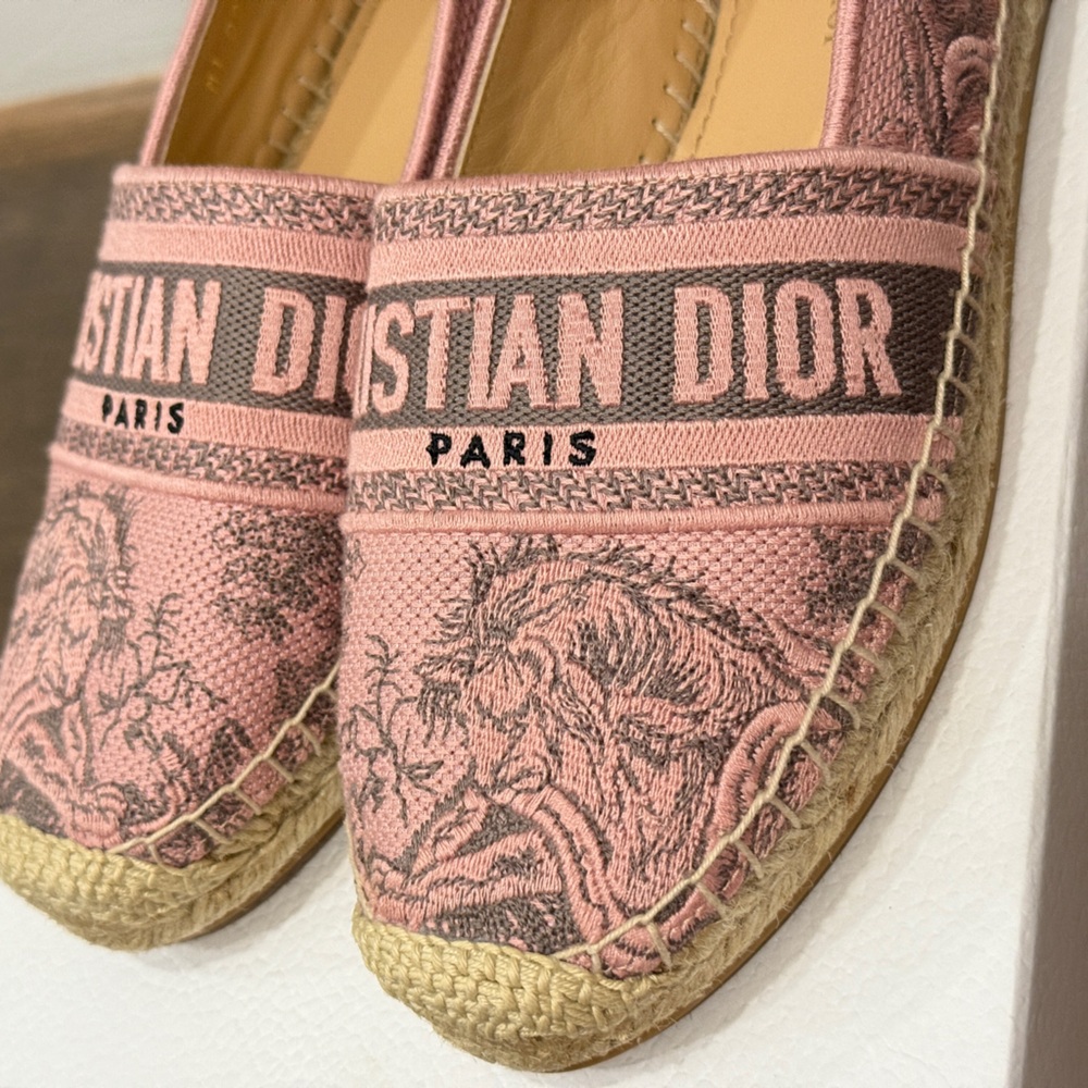 Dior BNIB Granville Toile De Jouy Embroidered Pink Gray Logo Espadrille 38.5 - Picture 10 of 12